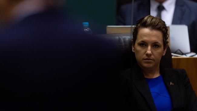 Not impressed.: Opposition Leader Lia Finocchiaro looks on as Chief Minister Michael Gunner delivers his first NT Budget as Treasurer. Picture: Che Chorley