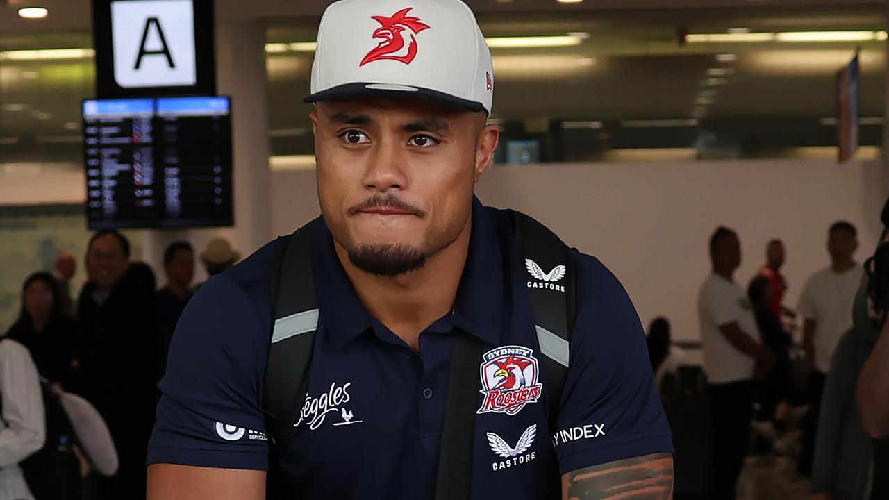 The Daily Telegraph 5.3.2024 Roosters player Spencer Leniu arrives back in Sydney after the Las Vegas game. Picture: Rohan Kelly