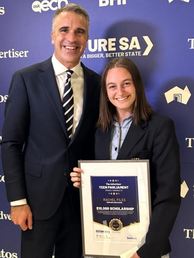 Rachel Files with Premier Peter Malinauskas after winning her scholarship. Picture: Supplied.