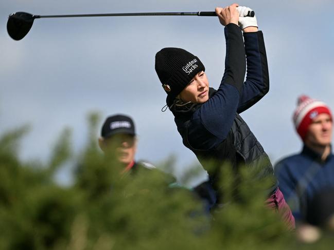 US' Nelly Korda watches her drive from the 9th tee on day two of the 2024 Women's British Open Golf Championship, on the Old Course at St Andrews, in St Andrews, Scotland, on August 23, 2024. (Photo by ANDY BUCHANAN / AFP) / RESTRICTED TO EDITORIAL USE