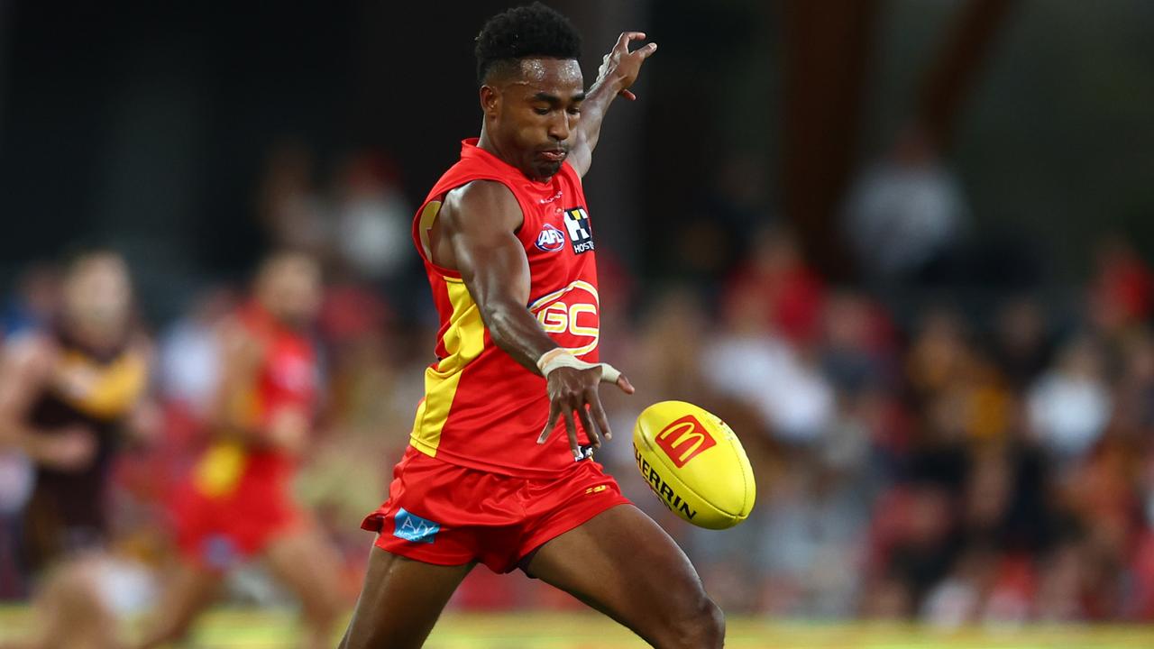 Hewago Oea of the Suns kicks during the round 15 AFL match between Gold Coast Suns and Hawthorn Hawks at Heritage Bank Stadium, on June 25, 2023, in Gold Coast, Australia. Picture: Chris Hyde/Getty Images