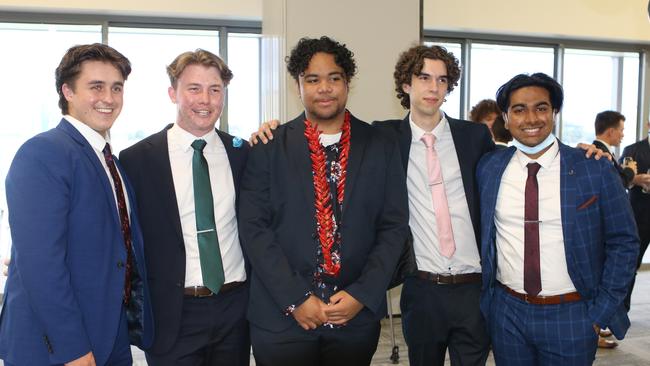 Lachlan Payne, Andrew Trenaman, Shema Poleka, Alex Price and Samuel John-Cherian at their Year 12 formal