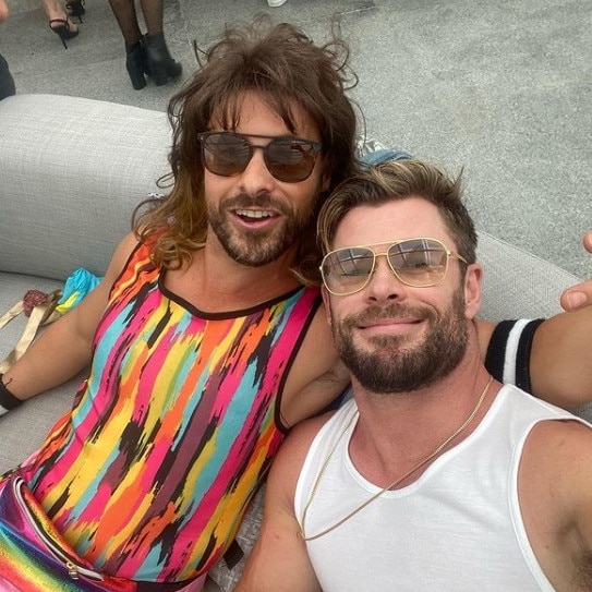 Chris Hemsworth and his personal assistant Aaron Grist celebrating his birthday with an 80s style dress up party. Picture: @chrishemsworth