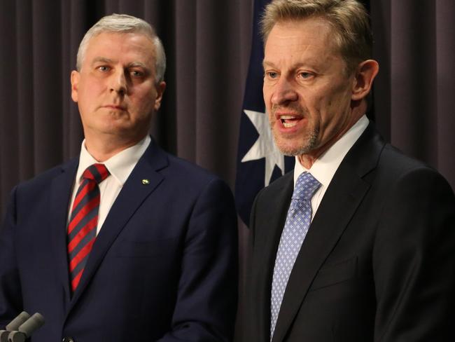 Small Business Minister Michael McCormack and ABS statistician David Kalisch answer to the media after hours of confusion. Picture: Ray Strange