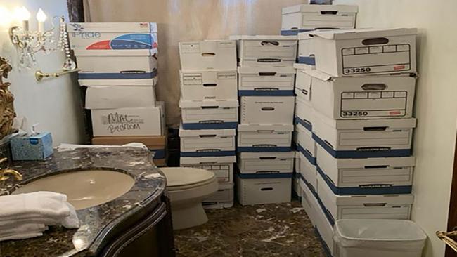 Stacks of boxes in a bathroom and shower in The Mar-a-Lago Club's Lake Room at former US President Donald Trump's Mar-a-Lago estate in Palm Beach, Florida. Picture: AFP