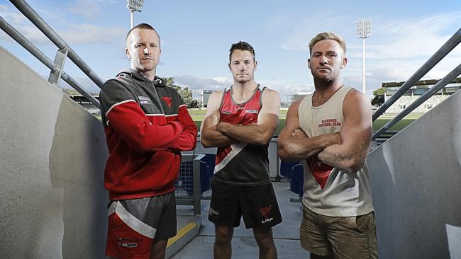 Clarence TSL coach Jeromey Webberley, left, with players Brady Jones and Jackson O'Brien. Picture: MATHEW FARRELL