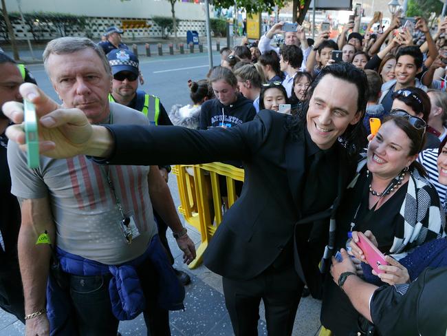 Tom Hiddleston meets fans. The movie Thor being filmed in the streets of Brisbane. Pic Peter Wallis