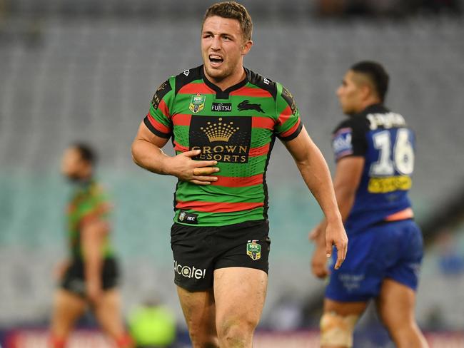 Sam Burgess leaves the field with an injury.