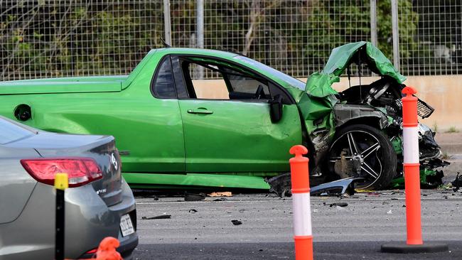 The stolen utility which ploughed into Nicole Tucker’s car while she was on Main South Rd near the Southern Expressway exit. Picture: Campbell Brodie.