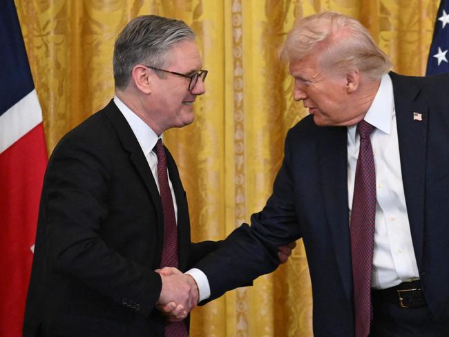 US President Donald Trump holds a press conference with British Prime Minister Keir Starmer in the East Room of the White House in Washington, DC, on February 27, 2025. Starmer is meeting Trump to plead for a US backstop to any Ukraine ceasefire, insisting it would be the only way to stop Russia's Vladimir Putin from invading again. Starmer arrived in Washington late Wednesday to build on a visit by French President Emmanuel Macron, amid growing concerns in Europe that the US leader is about to sell Kyiv short in negotiations with Putin. (Photo by SAUL LOEB / AFP)