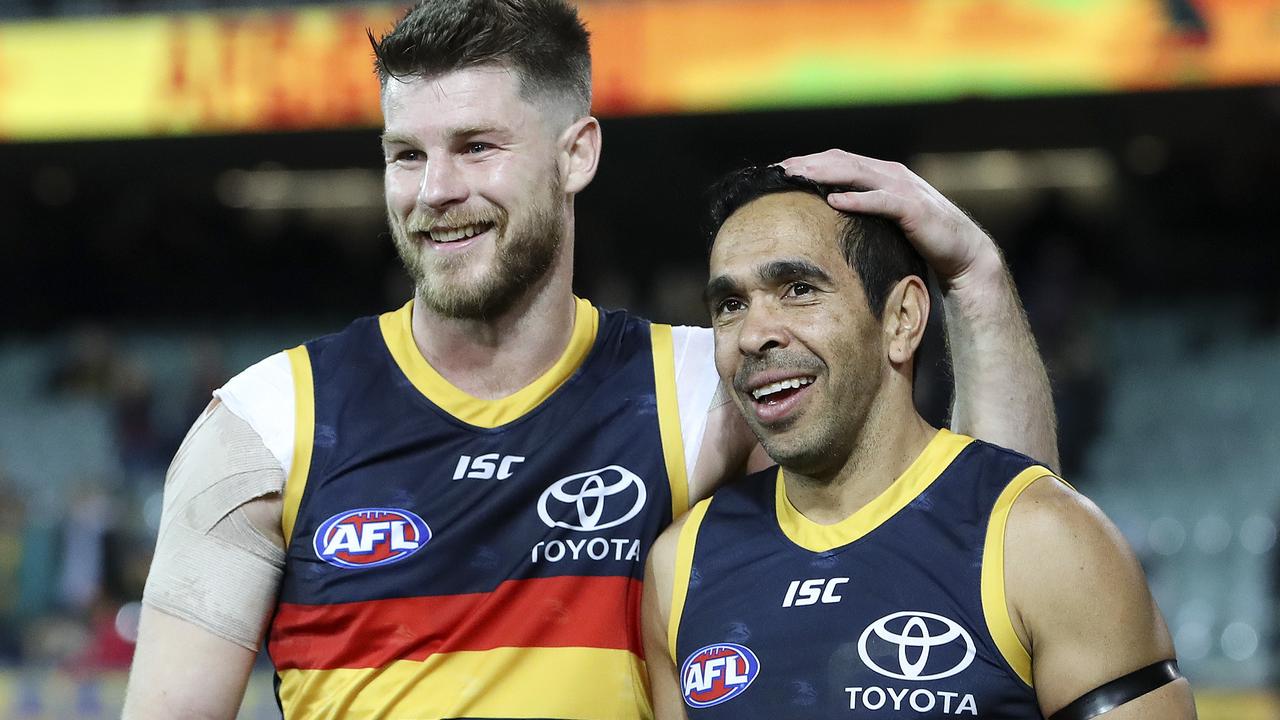 Adelaide teammates Bryce Gibbs and Eddie Betts after a win. Pictur: Sarah Reed