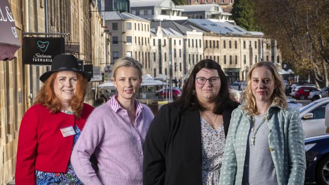 Hobart City alderman Louise Bloomfield and councillor Louise Elliot, Salamanca Stallholders Association Vice President Nadi Tanase and President Emma Hope. Picture: Chris Kidd