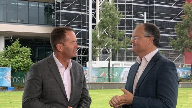 Fisher MP Andrew Wallace and Fairfax MP Ted O'Brien at the announcement of the federal budget commitment of $1.6bn for the Beerwah to Maroochydore rail line. Picture: Aisling Brennan