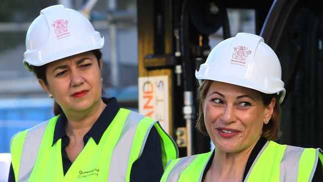 Premier Annastacia Palaszczuk, left, and Treasurer Jackie Trad at the site of a new secondary college at Fortitude Valley. Picture: AAP