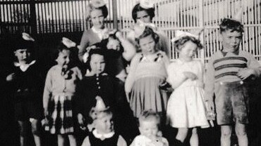 Helen's birthday party in 1950. Dianne Southall (tartan skirt) next to (left to right) Margaret Leslie, Elizabeth Stenborg, Helen Lynch and Beverley Assender.