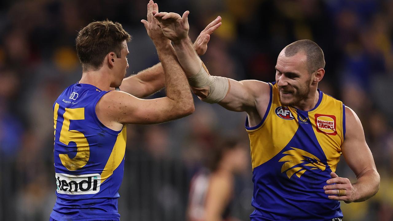 West Coast finally had something to celebrate with a rare win over Essendon last weekend and could cause another upset or two in the run home. Picture: Getty Images