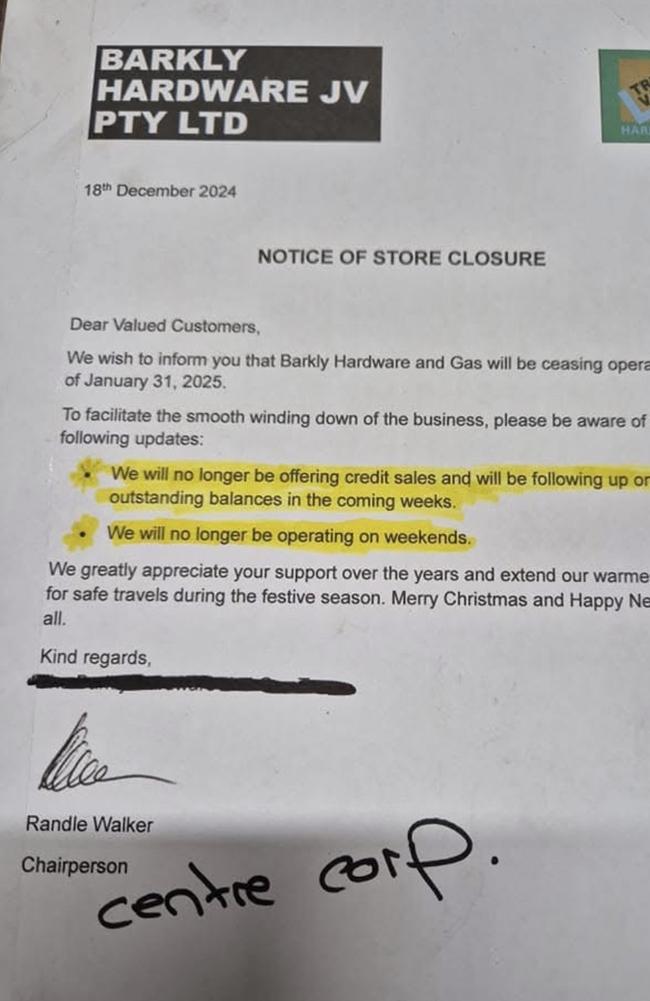 A leaked letter on social media said Barkly Hardware and Gas would cease trading January 31, 2025. Picture: Supplied