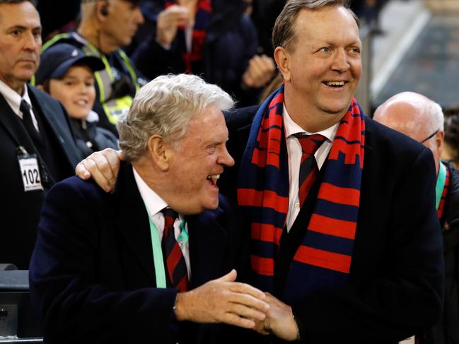 MELBOURNE, AUSTRALIA - SEPTEMBER 07: Geoff Freeman, Vice Chairman of the Demons (left) and Glen Bartlett, Chairman of the Demons celebrate after the clubs first finals win in 12 years during the 2018 AFL First Elimination Final match between the Melbourne Demons and the Geelong Cats at the Melbourne Cricket Ground on September 07, 2018 in Melbourne, Australia. (Photo by Adam Trafford/AFL Media/Getty Images)