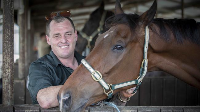 Horse trainer Scott Brunton with Nicco at Elwick. Picture: Chris Kidd