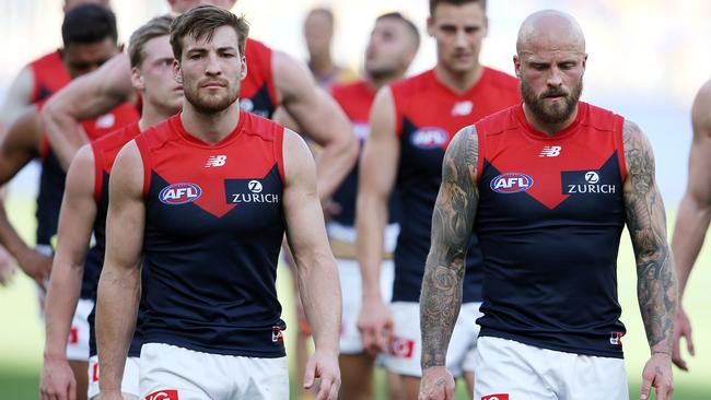 AFL 2nd Preliminary Final. West Coast Eagles vs Melbourne at Optus Stadium, Perth.  Nathan Jones and Jack Viney lead the demons off Optus Stadium  . Pic: Michael Klein