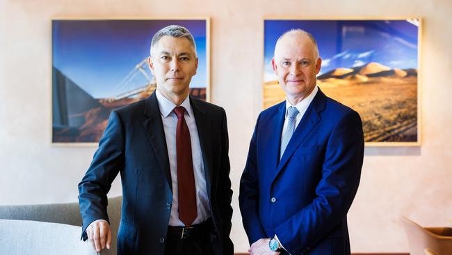 BHP chief executive Mike Henry with chief financial officer David Lamont. Picture: Aaron Francis