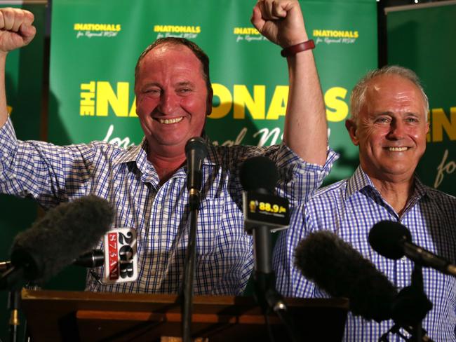 Malcolm Turnbull joins Barnaby Joyce on stage to celebrate. Picture: Supplied.