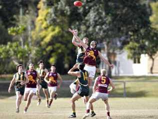 The big men fly at Maroochydore’s Fishermans Road ground yesterday. Picture: Cade Mooney