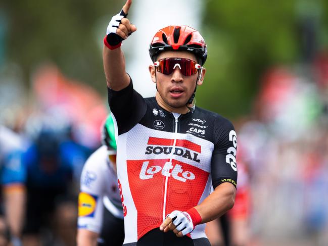 MURRAY BRIDGE, AUSTRALIA - JANUARY 24: Arrival / Caleb Ewan of Australia and Team Lotto-Soudal / Celebration / during the 22nd Santos Tour Down Under 2020, Stage 4 a 152,8km stage from Norwood to Murray Bridge / TDU / @tourdownunder / #UCIWT / on January 24, 2020 in Murray Bridge, Australia. (Photo by Daniel Kalisz/Getty Images)