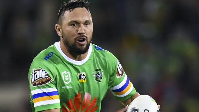 Jordan Rapana of the Raiders in action during the NRL Preliminary Final match between the Canberra Raiders and South Sydney Rabbitohs at GIO Stadium in Canberra, Friday, September 27, 2019. (AAP Image/Lukas Coch) NO ARCHIVING, EDITORIAL USE ONLY