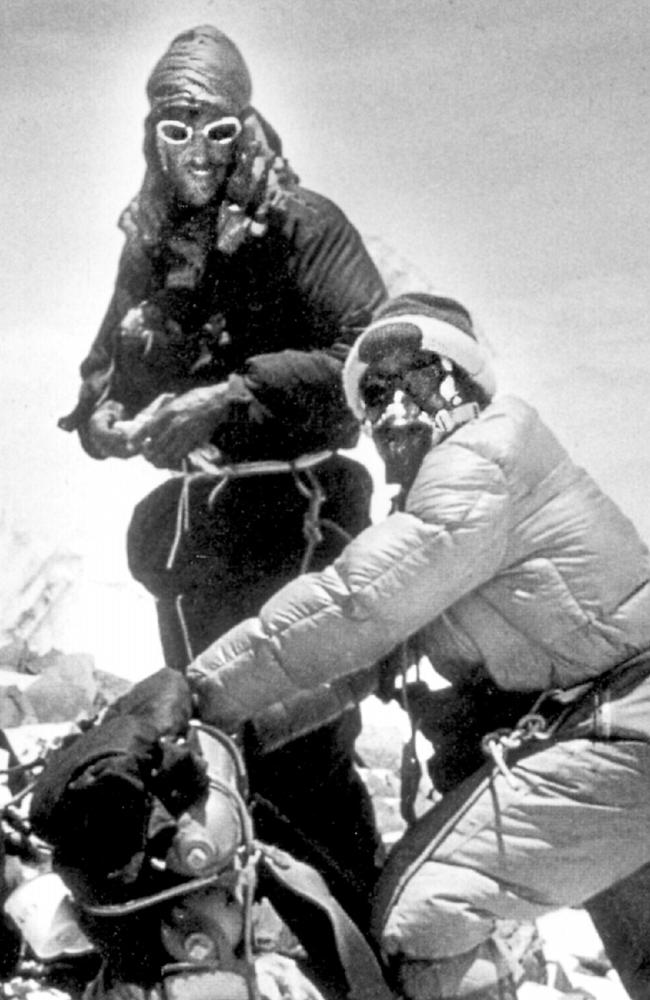 Sir Edmund Hillary (L) of New Zealand &amp; Sherpa Tensing (Tenzing) Norday of Nepal on top Mount Everest, highest mountain in world, first to climb to top 29/05/1953.