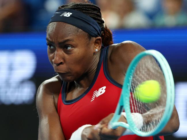 PERTH, AUSTRALIA - DECEMBER 29: Coco Gauff of team USA plays a backhand in the Women's singles match against Leylah Fernandez of team Canada during day three of the 2025 United Cup at RAC Arena on December 29, 2024 in Perth, Australia. (Photo by Will Russell/Getty Images) *** BESTPIX ***