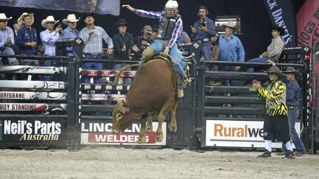 RIDE 'EM: Clermont's 19-year-old rookie PBR star Aaron Kleier competing at the Cairns Invitational where he finished in second. Picture: Double Dee