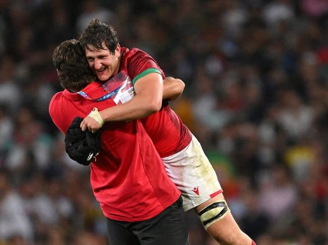 TOULOUSE, FRANCE – OCTOBER 08: Portugal player Jose Madeira (r) celebrates victory after the Rugby World Cup France 2023 match between Fiji and Portugal at Stadium de Toulouse on October 08, 2023 in Toulouse, France. (Photo by Stu Forster/Getty Images)