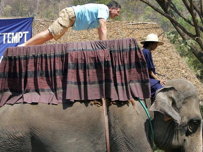 He does squat thrusts while balancing on the back of an elephant.