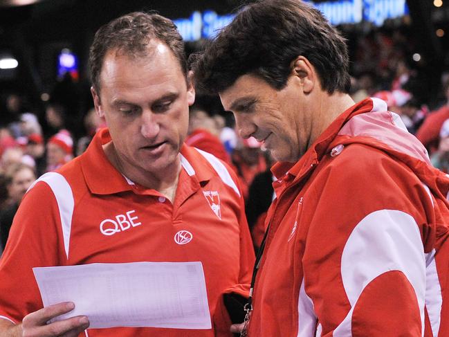 Carlton v Sydney Swans. Etihad Stadium. Paul Roos and John Longmire read the stats at the end of the match