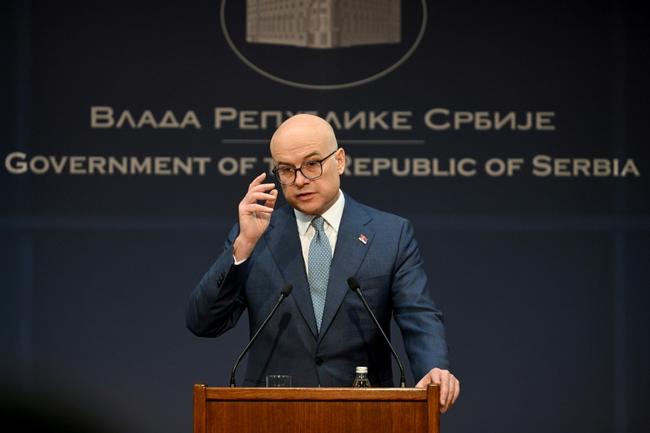 Serbian Prime Minister Milos Vucevic announces his resignation during a press conference in the Serbian capital Belgrade