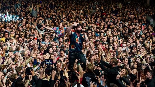 Yannis Philippakis, frontman of British rock band Foals, ventures out into the crowd during the band's set at Splendour in the Grass 2019. Picture: supplied