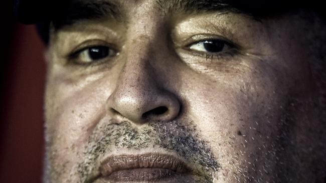 Diego Maradona coach of Gimnasia y Esgrima La Plata looks on during a match between Independiente and Gimnasia y Esgrima La Plata as part of Superliga 2019/20 at Estadio Libertadores de America on February 22 in Buenos Aires.