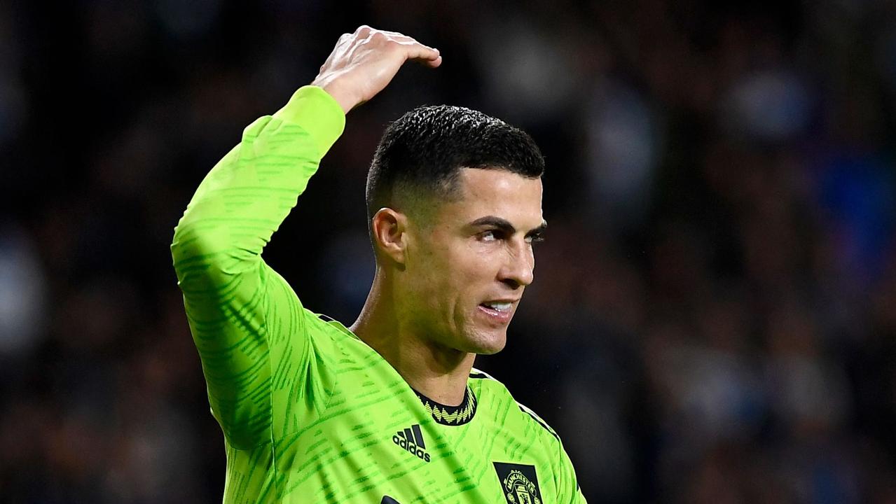 Manchester United's Portuguese striker Cristiano Ronaldo gestures during the UEFA Europa League 1st round group E football match between Real Sociedad and Manchester United at the Anoeta stadium in San Sebastian, on November 3, 2022. (Photo by ANDER GILLENEA / AFP)