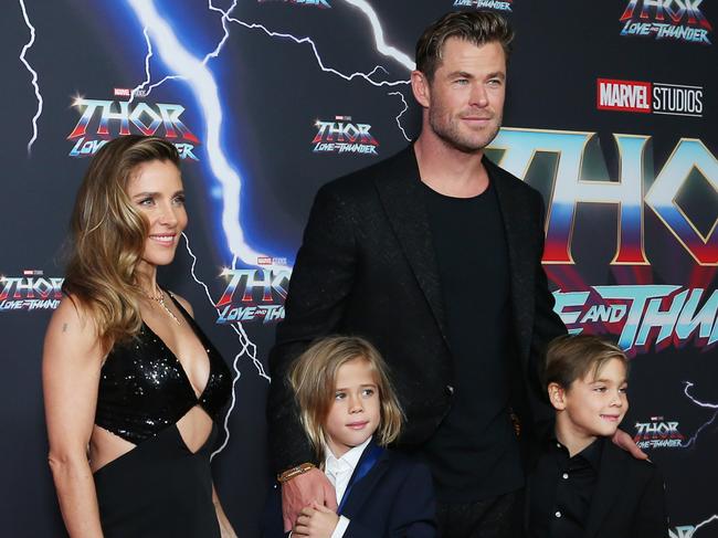 Elsa Pataky, Chris Hemsworth and their children Sasha and Tristan at the Sydney premiere of Thor: Love And Thunder in June. Picture: Lisa Maree Williams/Getty Images