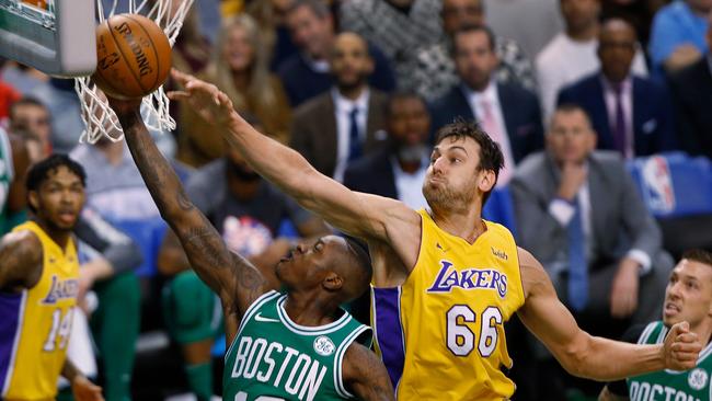 Andrew Bogut’s last stint in the NBA was with the Los Angeles Lakers.