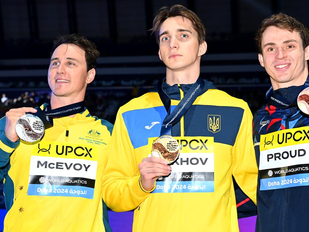 McEvoy with his world championship silver medal in the men’s 50 metre freestyle, early 2024. Picture: Adam Nurkiewicz/Getty Images