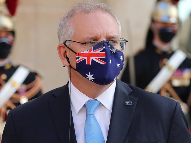 Australian Prime Minister Scott Morrison holds a Joint Media Conference with HE Mr Emmanuel Macron, President of the French Republic and then is a guest at a working dinner at the Élysée Presidential Palace in France on Tuesday, June 15, 2021. Picture: Adam Taylor/PMO