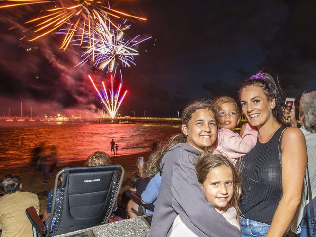 Marnie Walters with Ava Tyers, Addison Walters and Mackenzie Walters at Redcliffe for New Year's Eve. Picture: Richard Walker