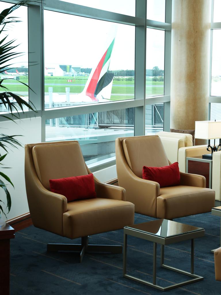 The tail of an Emirates A380 visible from the lounge at Brisbane Airport. Picture: Liam Kidston