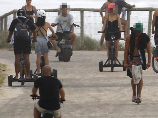 The footpath at Narrowneck on the Gold Coast. Electrified scooters and bikes are making it more and more difficult for pedestrians to walk on the footpath. Picture: Tertius Pickard