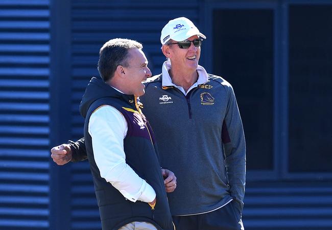 Paul White with Wayne Bennett during Broncos training in August, 2017. Picture: AAP/Dan Peled