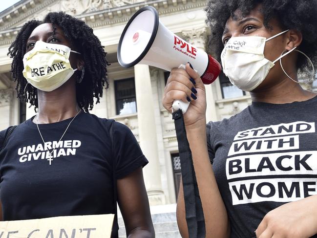 Protesters chant outside the Mississippi State Capitol building in Jackson, Mississippi. Picture: AP