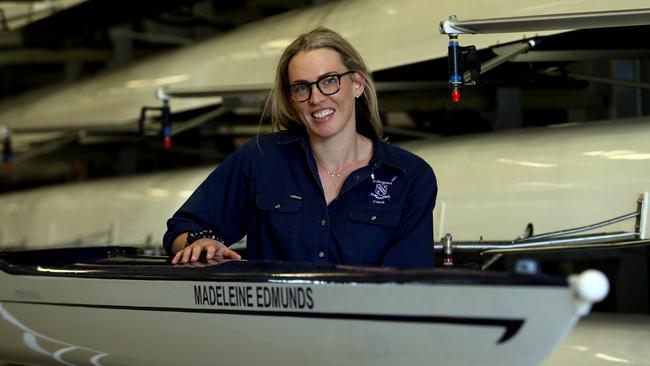 Olympic rower Madeleine (Maddie) Edmunds has a boat named after her in the St Margaret's Anglican Girls' School rowing shed. Picture: Richard Waugh