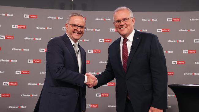 FEDERAL ELECTION TEAM 2022. LEADERS DEBATE.  POOL IMAGES. 20/4/2022Sky News / The Courier-Mail PeopleÃs Forum with Scott Morrison and Anthony Albanese at the Gabba in Brisbane in front of 100 undecided voters, the first debate of the federal election. Picture: Jason Edwards